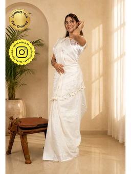 Isadora Life - Womens Solid Tassels White Pre-Draped Saree with Unstitched Blouse