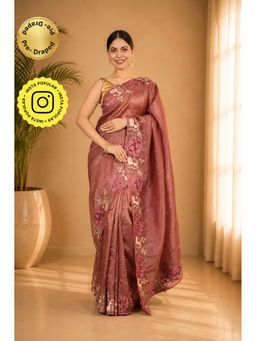 Isadora Life - Womens Floral Embroidered Brown Pre-Draped Saree with Unstitched Blouse
