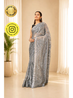 Isadora Life - Womens Sequined Embroidered Grey Pre-Draped Saree with Unstitched Blouse