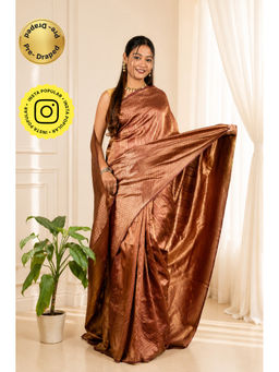 Isadora Life - Womens Woven Zari Brown Pre-Draped Saree with Unstitched Blouse