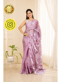 Isadora Life - Womens Floral Printed Lavender Pre-Draped Saree with Unstitched Blouse