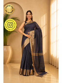 Isadora Life - Womens Checks Zari Navy Blue Pre-Draped Saree with Unstitched Blouse