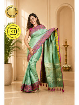 Isadora Life - Green Self Design Pre-Draped Saree with Unstitched Blouse