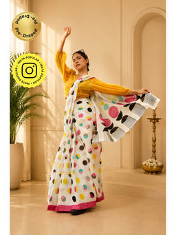 Isadora Life - White Polka Dots Pre-Draped Saree with Unstitched Blouse
