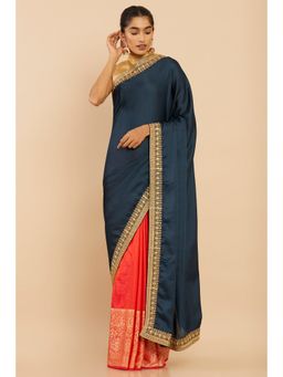 Soch - Women Blue Silk Solid & Plain Saree with Unstitched Blouse