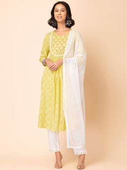 Indya - Yellow Bandhani Print Embroidered Cotton Kurta with Pants and Dupatta (Set of 3)