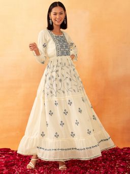 Indya - Off White and Indigo Floral Embroidered Maxi Kurta
