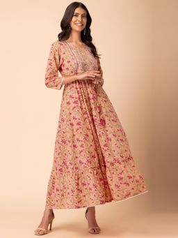 Indya - Peach Floral Jaal Print Embroidered Cotton Tiered Dress
