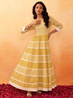 Indya - Yellow Zari Embroidered Tiered Cotton Dress
