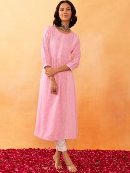 Indya - Light Pink Foil Print Rayon Anarkali Kurta
