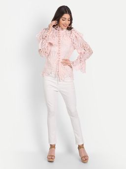 IKI CHIC - Pink High Neck Lace Long Sleeve Summer Top