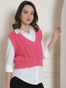 NOBARR - Womens Sleeveless with V-Neck Pink Vest Crop Sweater