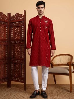Sufiza Lifestyle - Red Embroidered Kurta