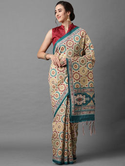 Akhilam - Beige Festive Silk Blend Printed Saree with Unstitched Blouse