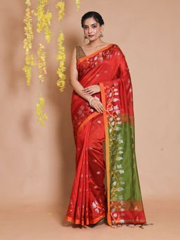 CHARUKRITI - Red Blended Cotton Handwoven Zari Motifs & Floral Borders Saree with Unstitched Blouse