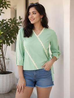 AAREIN - Green Cut Sleeve Lace Up Top