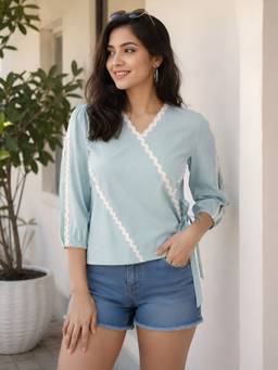AAREIN - Blue Cut Sleeve Lace Up Top