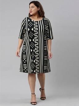 THE PINK MOON - Black Geometric Cotton A-Line Dress