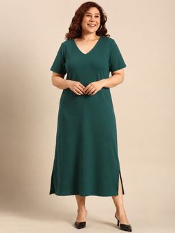 THE PINK MOON - Dark Green Rib Cotton A-Line Dress