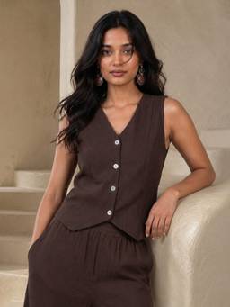 max - Women Brown Solid Waistcoat Style Top