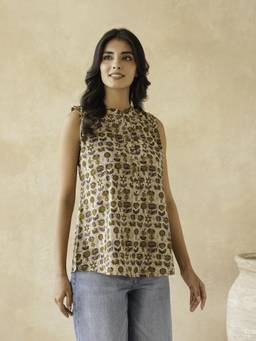 GOODHAND - Beige Women's Cotton Printed Sleeveless Top
