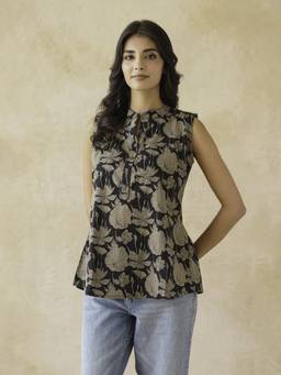 GOODHAND - Black Women's Cotton Printed Sleeveless Top
