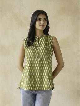 GOODHAND - Green Women's Cotton Printed Sleeveless Top