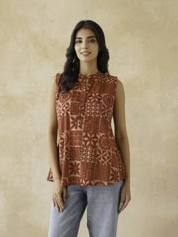 GOODHAND - Red Women's Cotton Printed Sleeveless Top