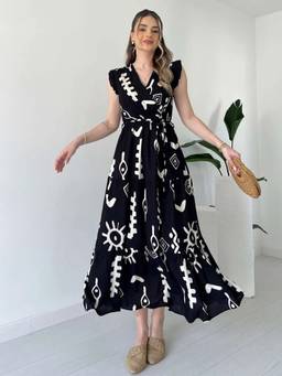Femvy - Black Women's Printed Crepe Dress