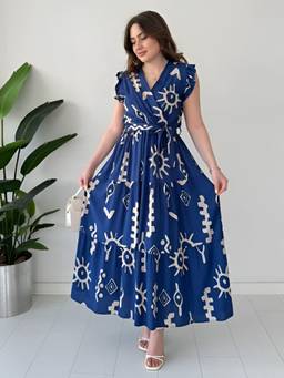 Femvy - Blue Women's Printed Crepe Dress