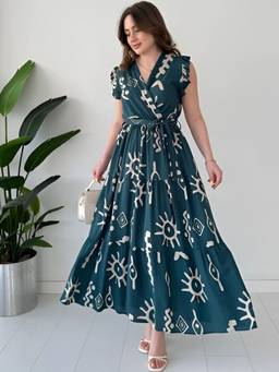 Femvy - Green Women's Printed Crepe Dress