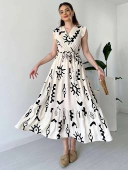 Femvy - White Women's Printed Crepe Dress