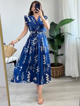 Femvy - Women'S Blue Printed Crepe Dress