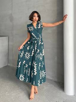 Femvy - Green Women Printed Crepe Dress