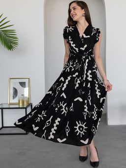 Femvy - Black Womens Printed Crepe Dress