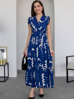 Femvy - Blue Womens Printed Crepe Dress