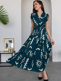 Femvy - Green Womens Printed Crepe Dress