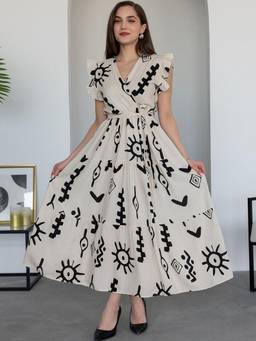 Femvy - White Womens Printed Crepe Dress