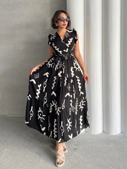 Femvy - Womens Black Printed Crepe Dress