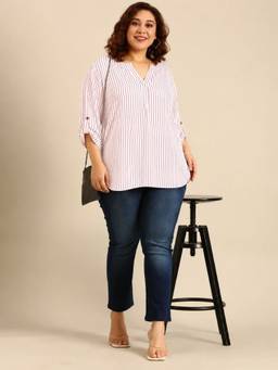 THE PINK MOON - White Striped Round Neck Top