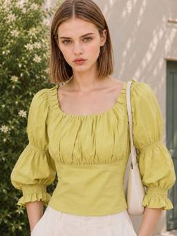 STREET 9 - Women'S Pistachio Green Puff Sleeves Top