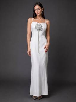Odette - White Poly Cotton Embellished Dress