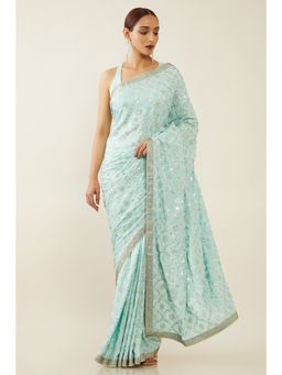 Soch - Women Blue Embroidered Saree with Unstitched Blouse
