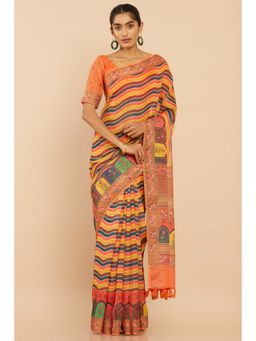 Soch - Women Orange Linen Leheriya Saree with Unstitched Blouse