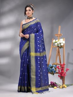 Angoshobha - Traditional Navy Blue Cottonblend Handloom Saree Without Blouse