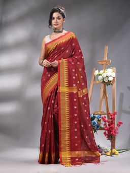 Angoshobha - Traditional Maroon Cottonblend Handloom Saree Without Blouse