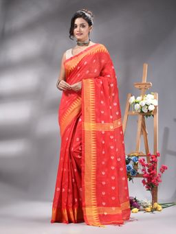 Angoshobha - Traditional Red Cottonblend Handloom Saree Without Blouse