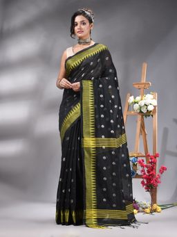 Angoshobha - Traditional Black Cottonblend Handloom Saree Without Blouse
