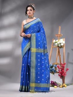 Angoshobha - Traditional Turquoise Cottonblend Handloom Saree Without Blouse