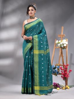Angoshobha - Traditional Firoza Cottonblend Handloom Saree Without Blouse